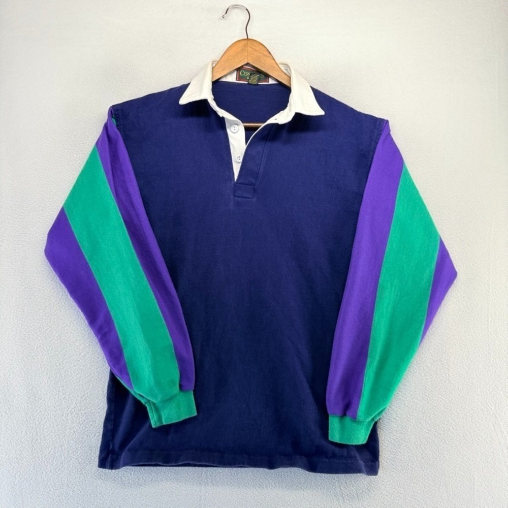 Vintage Cross Creek Rugby Shirt men's medium Blue Striped Sleeves USA made 90s
